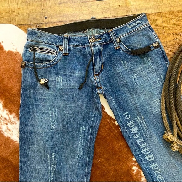 Philipp Plein Denim - PHILIPP PLEIN RARE Low Rise Leather, Metal Embellished Jeans